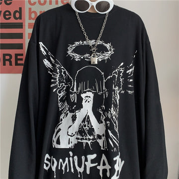 Wiaofellas Men Long Sleeve T-Shirts Autumn Print Gothic Vintage Ulzzang Cozy High Street Streetwear Trendy Baggy Korean Version Harajuku Bf